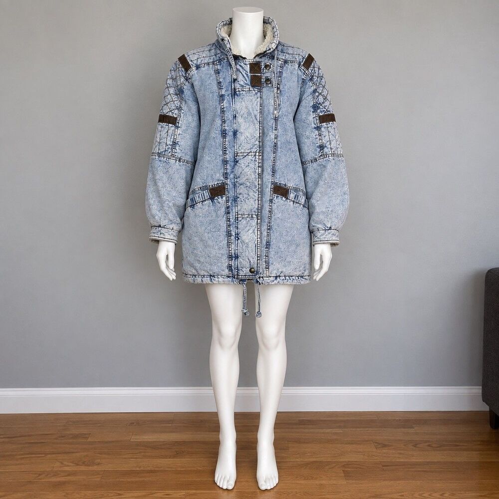 Vintage NYG New York Girl Acid Wash Denim Parka Jacket Womens S Sherpa 90s